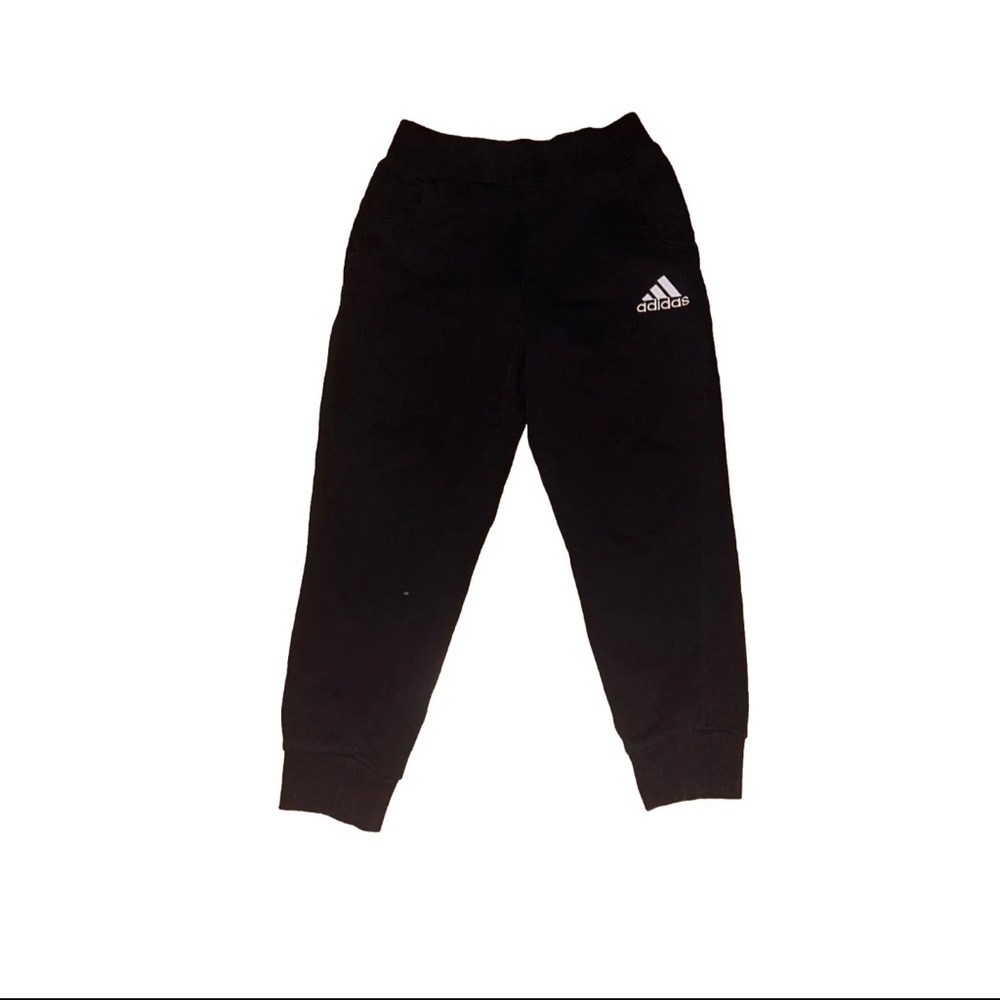 Adidas Joggers Sweatpants Boys 8/10 Black Pull on Elastic Ankles Pockets EUC